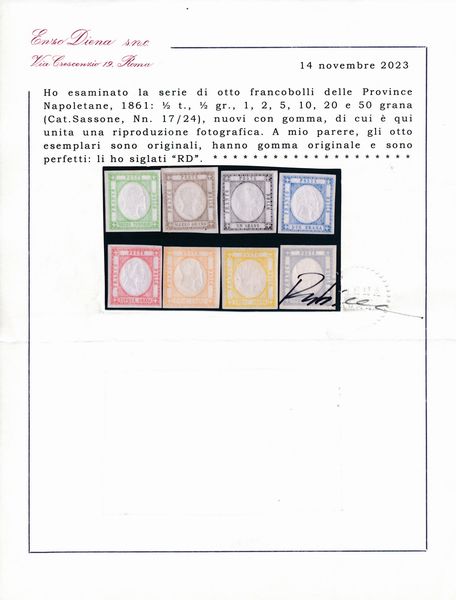 1861  Napoli  Province napoletane  Serie completa di otto francobolli (Sass. 17/24) con gomma originale.  - Asta Filatelia e Storia Postale - Associazione Nazionale - Case d'Asta italiane