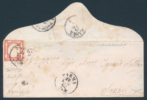 1862 - Province Napoletane - 5gr. rosso carminio (Sass. 21), applicato a cavallo, su lettera da Parma a Sassari del 24 luglio tramite Piroscafi postali nazionali.  - Asta Filatelia e Storia Postale - Associazione Nazionale - Case d'Asta italiane
