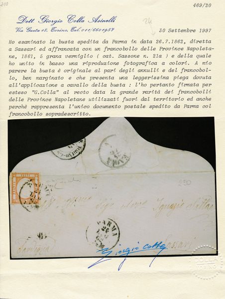 1862 - Province Napoletane - 5gr. rosso carminio (Sass. 21), applicato a cavallo, su lettera da Parma a Sassari del 24 luglio tramite Piroscafi postali nazionali.  - Asta Filatelia e Storia Postale - Associazione Nazionale - Case d'Asta italiane