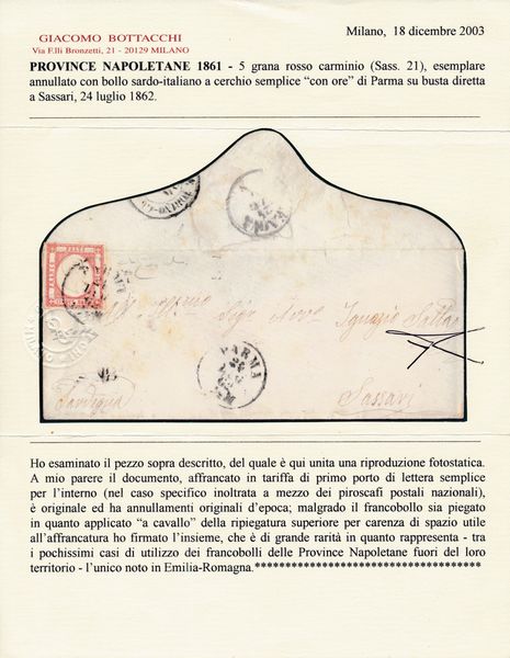1862 - Province Napoletane - 5gr. rosso carminio (Sass. 21), applicato a cavallo, su lettera da Parma a Sassari del 24 luglio tramite Piroscafi postali nazionali.  - Asta Filatelia e Storia Postale - Associazione Nazionale - Case d'Asta italiane