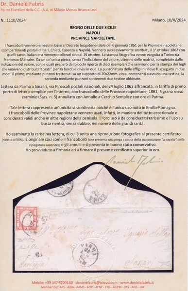 1862 - Province Napoletane - 5gr. rosso carminio (Sass. 21), applicato a cavallo, su lettera da Parma a Sassari del 24 luglio tramite Piroscafi postali nazionali.  - Asta Filatelia e Storia Postale - Associazione Nazionale - Case d'Asta italiane