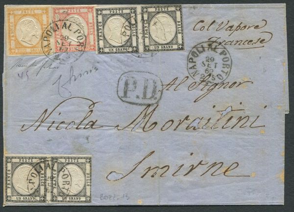 1862 - Province Napoletane - due coppie orizzontali del 1gr. nero (Sass. 19), 5gr. vermiglio (Sass. 21a) e 10gr. arancio (Sass. 22) su lettera da Napoli al Porto per Smirne (Impero ottomano) del 29 settembre tramite Piroscafi postali francesi  - Asta Filatelia e Storia Postale - Associazione Nazionale - Case d'Asta italiane