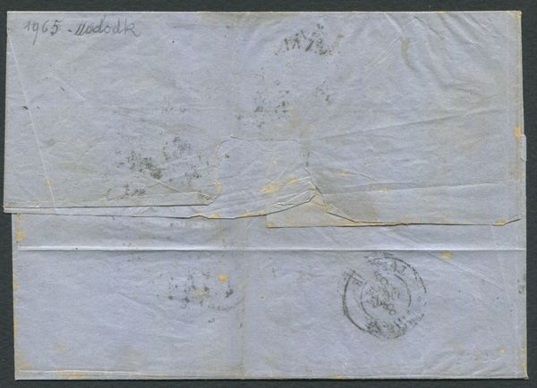 1862 - Province Napoletane - due coppie orizzontali del 1gr. nero (Sass. 19), 5gr. vermiglio (Sass. 21a) e 10gr. arancio (Sass. 22) su lettera da Napoli al Porto per Smirne (Impero ottomano) del 29 settembre tramite Piroscafi postali francesi  - Asta Filatelia e Storia Postale - Associazione Nazionale - Case d'Asta italiane