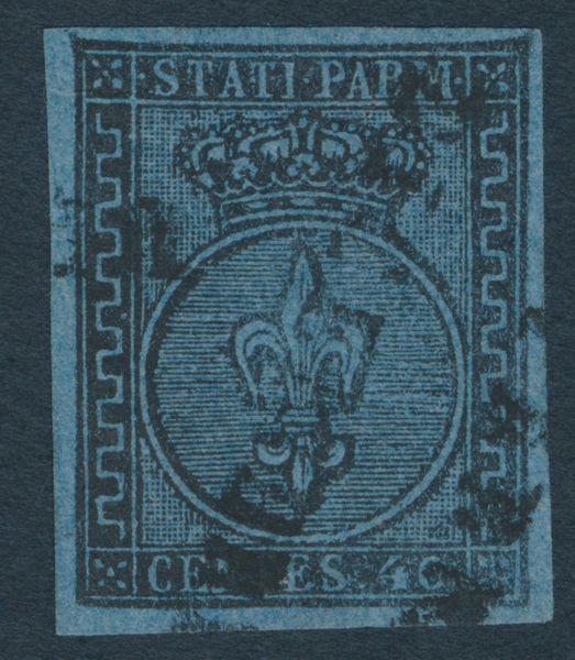 1852  Ducato di Parma  40 cent. azzurro annullato (Sass. 5).  - Asta Filatelia e Storia Postale - Associazione Nazionale - Case d'Asta italiane