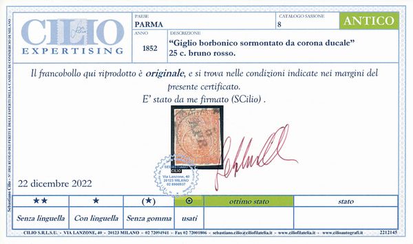 1853-55 � Ducato di Parma � 25 cent. bruno rosso annullato (Sass. 8).  - Asta Filatelia e Storia Postale - Associazione Nazionale - Case d'Asta italiane