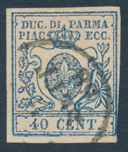 1857  Ducato di Parma  40 cent. azzurro, II tipo, 0 stretto, annullato (Sass. 11b).  - Asta Filatelia e Storia Postale - Associazione Nazionale - Case d'Asta italiane