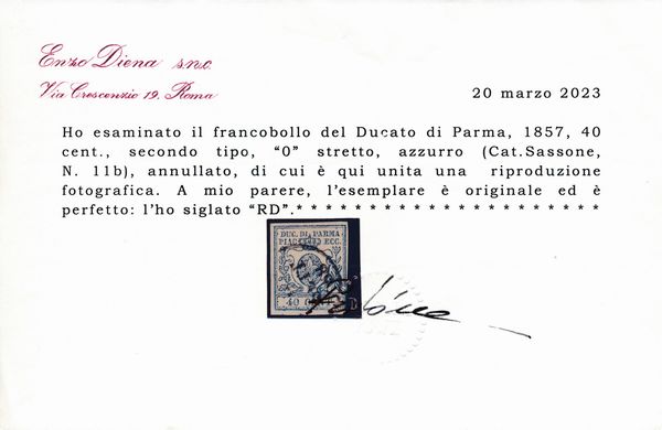 1857  Ducato di Parma  40 cent. azzurro, II tipo, 0 stretto, annullato (Sass. 11b).  - Asta Filatelia e Storia Postale - Associazione Nazionale - Case d'Asta italiane