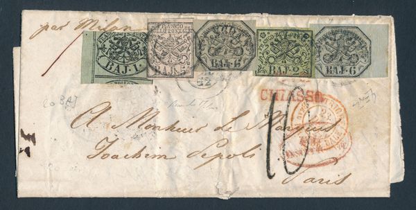 1852 - Stato Pontificio - I emissione - Lettera da Bologna a Parigi del dicembre 1852 affrancata per 20 bajocchi composti da cinque francobolli delle Stato Pontificio, 1852, 1 baj. verde grigiastro, 2 baj. verde giallastro, 5 baj. bianco rosaceo, 6 baj. grigio e 6 baj. grigio azzurro, carta a mano (Sass. n. 2, 3a, 6a, 7a e 7b) annullati con Annulli a doppio cerchio BOLOGNA.  - Asta Filatelia e Storia Postale - Associazione Nazionale - Case d'Asta italiane