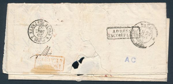 1852 - Stato Pontificio - I emissione - Lettera da Bologna a Parigi del dicembre 1852 affrancata per 20 bajocchi composti da cinque francobolli delle Stato Pontificio, 1852, 1 baj. verde grigiastro, 2 baj. verde giallastro, 5 baj. bianco rosaceo, 6 baj. grigio e 6 baj. grigio azzurro, carta a mano (Sass. n. 2, 3a, 6a, 7a e 7b) annullati con Annulli a doppio cerchio BOLOGNA.  - Asta Filatelia e Storia Postale - Associazione Nazionale - Case d'Asta italiane