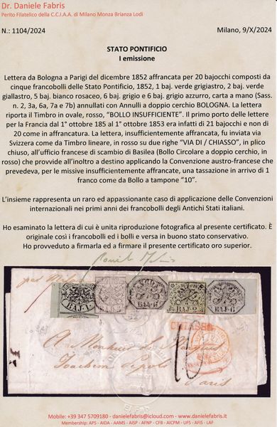 1852 - Stato Pontificio - I emissione - Lettera da Bologna a Parigi del dicembre 1852 affrancata per 20 bajocchi composti da cinque francobolli delle Stato Pontificio, 1852, 1 baj. verde grigiastro, 2 baj. verde giallastro, 5 baj. bianco rosaceo, 6 baj. grigio e 6 baj. grigio azzurro, carta a mano (Sass. n. 2, 3a, 6a, 7a e 7b) annullati con Annulli a doppio cerchio BOLOGNA.  - Asta Filatelia e Storia Postale - Associazione Nazionale - Case d'Asta italiane