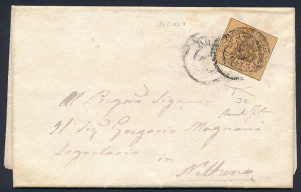 1854 - Pontificio - I emissione - Lettera da Roma a Nettuno del 6 ottobre affrancata con 3 baj. bistro arancio stampa oleosa (Sass. 4e) Bellesemplare - Bottacchi, Fabris  - Asta Filatelia e Storia Postale - Associazione Nazionale - Case d'Asta italiane