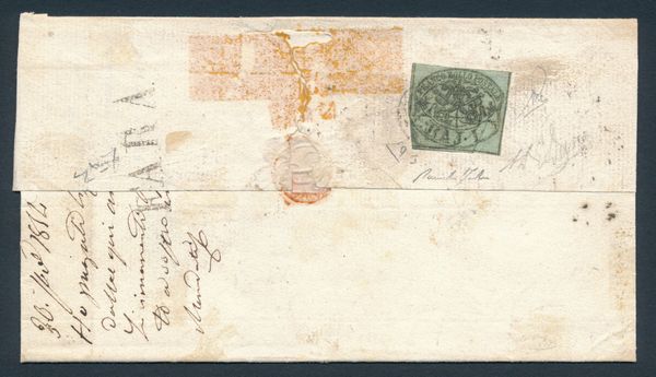 1854 - Stato Pontificio - I emissione - Porto Assegnato - Lettera da Fara a Rieti via Poggio Mirteto affrancata al verso, come tassazione, con 1 baj. verde grigiastro, stampa oleosa (Sass. 2b)  - Asta Filatelia e Storia Postale - Associazione Nazionale - Case d'Asta italiane