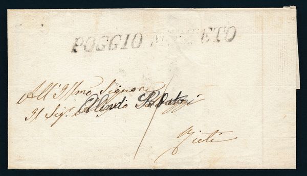 1854 - Stato Pontificio - I emissione - Porto Assegnato - Lettera da Fara a Rieti via Poggio Mirteto affrancata al verso, come tassazione, con 1 baj. verde grigiastro, stampa oleosa (Sass. 2b)  - Asta Filatelia e Storia Postale - Associazione Nazionale - Case d'Asta italiane