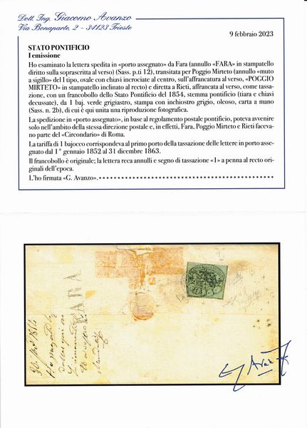 1854 - Stato Pontificio - I emissione - Porto Assegnato - Lettera da Fara a Rieti via Poggio Mirteto affrancata al verso, come tassazione, con 1 baj. verde grigiastro, stampa oleosa (Sass. 2b)  - Asta Filatelia e Storia Postale - Associazione Nazionale - Case d'Asta italiane
