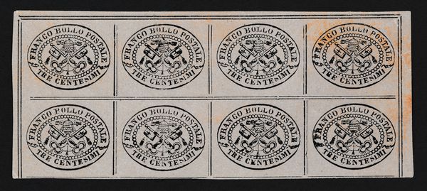 1867 - Stato Pontificio - II emissione  - Stemma pontificio, tiara e chiavi e dicitura FRANCO BOLLO POSTALE e valore in centesimi - 3c. grigio rosa (Sass. 14).  - Asta Filatelia e Storia Postale - Associazione Nazionale - Case d'Asta italiane