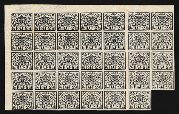 1867 - Stato Pontificio - Impronta della carta del fabbricante �BATH�  - La carta impiegata nella stampa dei francobolli pontifici del 1852 proveniva normalmente da un'unica fonte, tuttavia nel 1864, a causa dell'aumentata esigenza di francobolli da 2 baj., diventata la tariffa pi� comune nello Stato, furono acquistate carte da produttori diversi. Tra questi l'inglese BATH che, per l'uso di imprimere sui suoi fogli una impronta a secco con il suo nome in un ornato, lascio� traccia di s� nella filatelia pontificia. Questa situazione si ripet� nel 1867. Blocco di 34 esemplari, bordo di foglio superiore sinistro, del 2 bajocchi bianco (1867) gomma integra. Il blocco, che presenta interspazio di gruppo tra la quinta e la sesta fila, presenta altres� sul bordo di sinistra, in alto, due impronte a secco BATH (Sass. 3A/d)  - Asta Filatelia e Storia Postale - Associazione Nazionale - Case d'Asta italiane