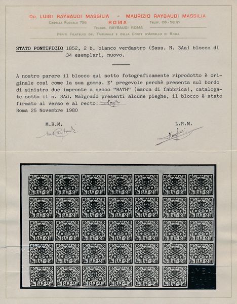 1867 - Stato Pontificio - Impronta della carta del fabbricante �BATH�  - La carta impiegata nella stampa dei francobolli pontifici del 1852 proveniva normalmente da un'unica fonte, tuttavia nel 1864, a causa dell'aumentata esigenza di francobolli da 2 baj., diventata la tariffa pi� comune nello Stato, furono acquistate carte da produttori diversi. Tra questi l'inglese BATH che, per l'uso di imprimere sui suoi fogli una impronta a secco con il suo nome in un ornato, lascio� traccia di s� nella filatelia pontificia. Questa situazione si ripet� nel 1867. Blocco di 34 esemplari, bordo di foglio superiore sinistro, del 2 bajocchi bianco (1867) gomma integra. Il blocco, che presenta interspazio di gruppo tra la quinta e la sesta fila, presenta altres� sul bordo di sinistra, in alto, due impronte a secco BATH (Sass. 3A/d)  - Asta Filatelia e Storia Postale - Associazione Nazionale - Case d'Asta italiane