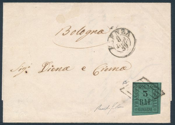 1859 - Romagne - Governo Provvisorio - Lettera da Faenza a Bologna dell8 dicembre 1859 affrancata con 3 baj. verde scuro (Sass. 4)  - Asta Filatelia e Storia Postale - Associazione Nazionale - Case d'Asta italiane