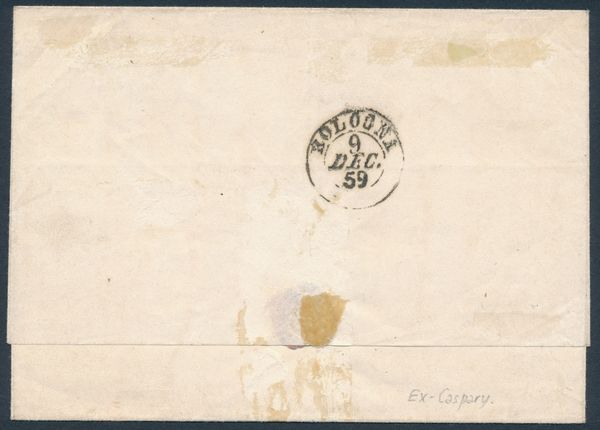 1859 - Romagne - Governo Provvisorio - Lettera da Faenza a Bologna dell8 dicembre 1859 affrancata con 3 baj. verde scuro (Sass. 4)  - Asta Filatelia e Storia Postale - Associazione Nazionale - Case d'Asta italiane