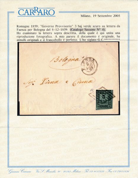 1859 - Romagne - Governo Provvisorio - Lettera da Faenza a Bologna dell8 dicembre 1859 affrancata con 3 baj. verde scuro (Sass. 4)  - Asta Filatelia e Storia Postale - Associazione Nazionale - Case d'Asta italiane