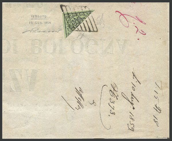 1859 - Romagne, francobolli di Pontificio usati nelle Romagne dopo la costituzione del Governo Provvisorio - Manifesto per una Fiera da Vergato per citt del 10 Luglio 1859, affrancato con francobollo da 2 baj (Sass. 3), frazionato a met diagonale per servire la tariffa da 1 baj dovuta per lettere nascenti nella stessa Direzione dirette alla medesima e alle Distribuzioni del Circondario.  - Asta Filatelia e Storia Postale - Associazione Nazionale - Case d'Asta italiane