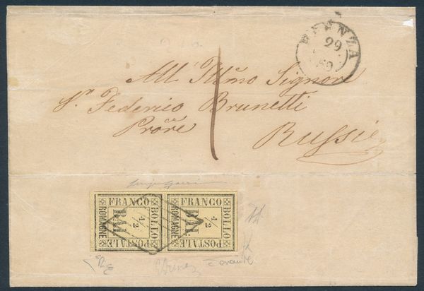 1859  Romagne  Gran parte di lettera da Faenza a Russi affrancata con coppia verticale del  bajocco giallo paglia (Sass. 1) con annullo a griglia di Faenza.  - Asta Filatelia e Storia Postale - Associazione Nazionale - Case d'Asta italiane