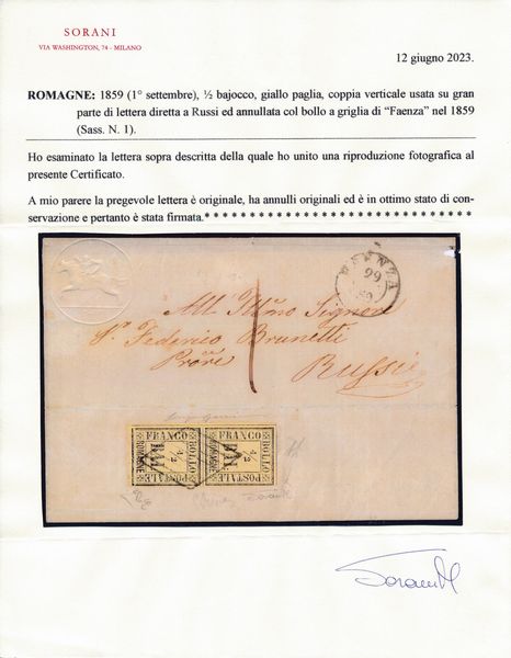 1859  Romagne  Gran parte di lettera da Faenza a Russi affrancata con coppia verticale del  bajocco giallo paglia (Sass. 1) con annullo a griglia di Faenza.  - Asta Filatelia e Storia Postale - Associazione Nazionale - Case d'Asta italiane
