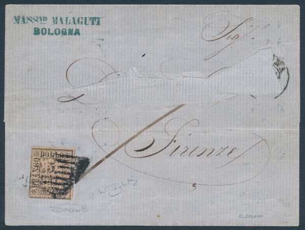 1859  Romagne  Lettera da Bologna a Firenze affrancata con 5 bajocchi violetto (Sass. 6) con annullo a griglia.  - Asta Filatelia e Storia Postale - Associazione Nazionale - Case d'Asta italiane
