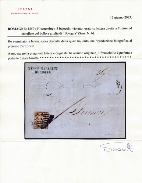 1859  Romagne  Lettera da Bologna a Firenze affrancata con 5 bajocchi violetto (Sass. 6) con annullo a griglia.  - Asta Filatelia e Storia Postale - Associazione Nazionale - Case d'Asta italiane
