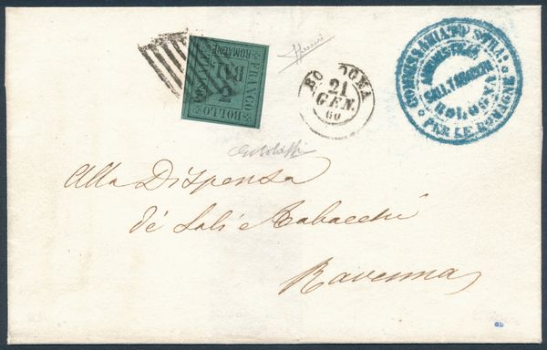 1859  Romagne  Lettera da Bologna a Ravenna affrancata con 3 bajocchi verde scuro (Sass. 4) con annullo a griglia.  - Asta Filatelia e Storia Postale - Associazione Nazionale - Case d'Asta italiane