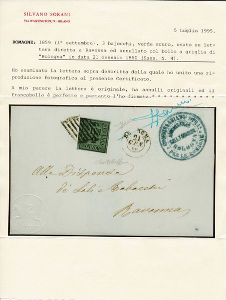 1859  Romagne  Lettera da Bologna a Ravenna affrancata con 3 bajocchi verde scuro (Sass. 4) con annullo a griglia.  - Asta Filatelia e Storia Postale - Associazione Nazionale - Case d'Asta italiane