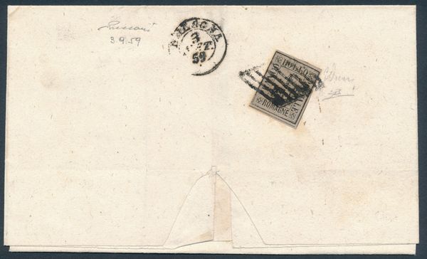 1859  Romagne  Porto assegnato  Lettera da Bologna a citt affrancata al verso per il porto assegnato con 1 baj. grigio (Sass. 2a) annullato con griglia.  - Asta Filatelia e Storia Postale - Associazione Nazionale - Case d'Asta italiane