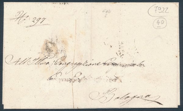 1859  Romagne  Porto assegnato  Lettera da Bologna a citt affrancata al verso per il porto assegnato con 1 baj. grigio (Sass. 2a) annullato con griglia.  - Asta Filatelia e Storia Postale - Associazione Nazionale - Case d'Asta italiane