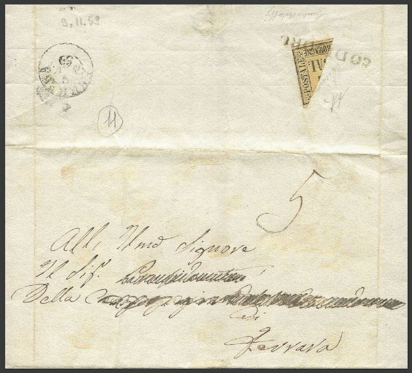 1859, Romagna, Governo Provvisorio, lettera da Codigoro per Ferrara del 9 novembre affrancata con 2 baj tagliato in diagonale per servire la tariffa di 1 baj per lettere circolanti all'interno della stessa Direzione. Sul frontespizio segno di tassa 5 espressa in centesimi, in base agli accordi postali con l'Amministrazione sarda del 10 ottobre 1859, per i quali il valore da 1 bajocco fu equiparato al valore di 5 centesimi. Al verso bollo di arrivo di Ferrara del 9 novembre 1859.  - Asta Filatelia e Storia Postale - Associazione Nazionale - Case d'Asta italiane