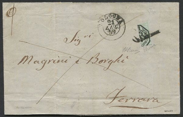 1859, Romagne, Governo Provvisorio, lettera da Bologna per Ferrara del 21 luglio affrancata con 6 baj grigio verdastro (S. 7) tagliato a un terzo per assolvere alla tariffa di 2 baj per corrispondenze inviate tra differenti Direzioni Postali contigue. Al verso, bollo di arrivo del giorno stesso.  - Asta Filatelia e Storia Postale - Associazione Nazionale - Case d'Asta italiane