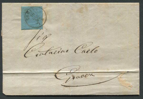 1854 - Sardegna - Sovracoperta da Torino a Genova del 16 giugno affrancata con francobollo II emissione 20c. azzurro (Sass. 5).  - Asta Filatelia e Storia Postale - Associazione Nazionale - Case d'Asta italiane