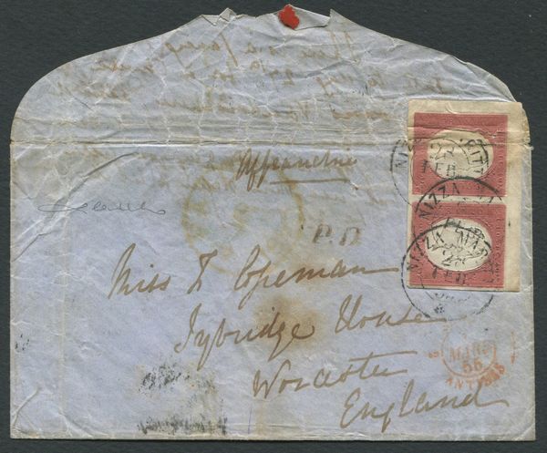 1855 - Regno di Sardegna - III emissione - 40c. rosso mattone (pos. 1 e 2) adf coppia orizzontale (Sass. 9) su lettera da Nizza Marittima a Worcastle del 28 febbraio.  - Asta Filatelia e Storia Postale - Associazione Nazionale - Case d'Asta italiane