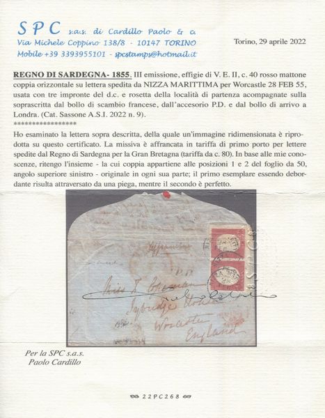 1855 - Regno di Sardegna - III emissione - 40c. rosso mattone (pos. 1 e 2) adf coppia orizzontale (Sass. 9) su lettera da Nizza Marittima a Worcastle del 28 febbraio.  - Asta Filatelia e Storia Postale - Associazione Nazionale - Case d'Asta italiane