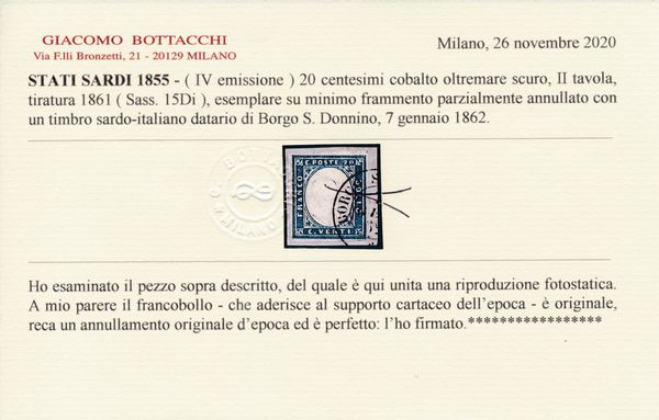 1855 - Sardegna - 20 cent. cobalto oltremare scuro, II tavola, tiratura del 1861 (Sass. 15Di) su piccolissimo frammento annullato con parte di Cerchio Borgo S. Donnino 7 gennaio 1862.  - Asta Filatelia e Storia Postale - Associazione Nazionale - Case d'Asta italiane