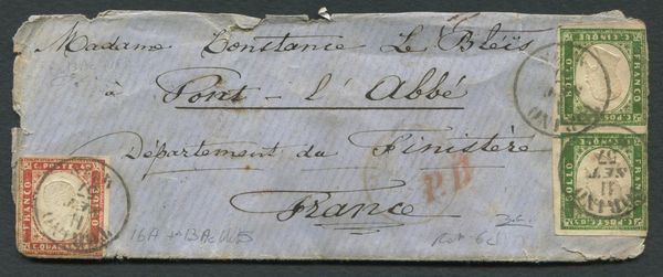 1857 - Regno di Sardegna - IV emissione - 5c. verde scuro coppia  vert. (Sass. 13Ac) e 40c. rosso scarlatto (Sass. 16A) su lettera da Torino a Pont lAbb (Francia) dell11 settembre.  - Asta Filatelia e Storia Postale - Associazione Nazionale - Case d'Asta italiane