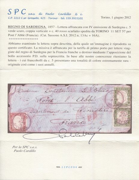1857 - Regno di Sardegna - IV emissione - 5c. verde scuro coppia  vert. (Sass. 13Ac) e 40c. rosso scarlatto (Sass. 16A) su lettera da Torino a Pont lAbb (Francia) dell11 settembre.  - Asta Filatelia e Storia Postale - Associazione Nazionale - Case d'Asta italiane