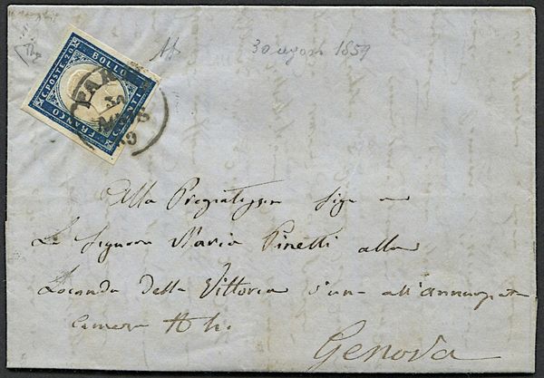 1859, Sardegna, lettera da Parma per Genova del 30 agosto 1859 affrancata in tariffa di lettera semplice per gli Stati Sardi, con 20 centesimi di Sardegna, secondo periodo duso di questi francobolli nellex territorio di Parma e Piacenza durante il quale erano in uso anche i francobolli del Governo Provvisorio di Parma. Al verso, bollo di arrivo a Genova del 31 agosto.  - Asta Filatelia e Storia Postale - Associazione Nazionale - Case d'Asta italiane
