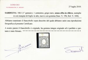 1861 - Sardegna - 1 cent. grigio nero bdf senza cifra in rilievo (Sass. 19h).  - Asta Filatelia e Storia Postale - Associazione Nazionale - Case d'Asta italiane