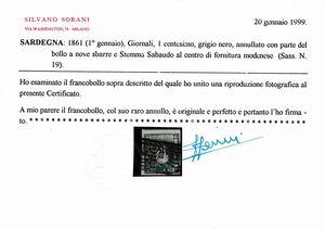1861  Sardegna  Francobolli per stampati  1 cent. grigio nero (Sass. 19) annullato con parte del bollo a nove sbarre e Stemma Sabaudo, al centro, di fornitura modenese.  - Asta Filatelia e Storia Postale - Associazione Nazionale - Case d'Asta italiane