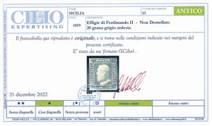 1859 � Sicilia � 20 grana grigio ardesia nuovo gomma integra (Sass. 13).  - Asta Filatelia e Storia Postale - Associazione Nazionale - Case d'Asta italiane