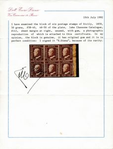 1859 - Regno delle due Sicilie, Sicilia - Blocco di sei esemplari, bordo di foglio destro (pos. 38, 39, 40, 48, 49 e 50), del 50 grana lacca bruno (Sass. 14).  - Asta Filatelia e Storia Postale - Associazione Nazionale - Case d'Asta italiane