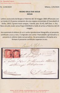 1859 - Lettera assicurata da Burgio a Palermo del 18 maggio affrancata con, 1859, coppia orizzontale bdf, 5 grana rosso sangue, I tavola, pos. 61-62 (Sass. 9c).  - Asta Filatelia e Storia Postale - Associazione Nazionale - Case d'Asta italiane