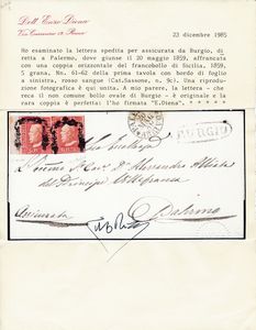 1859 - Lettera assicurata da Burgio a Palermo del 18 maggio affrancata con, 1859, coppia orizzontale bdf, 5 grana rosso sangue, I tavola, pos. 61-62 (Sass. 9c).  - Asta Filatelia e Storia Postale - Associazione Nazionale - Case d'Asta italiane
