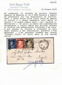 1860 - Letterina da Messina a Napoli del v12 marzo affrancata con, 1859, 1 grano verde oliva scuro, carta di Napoli, III tavola, 5 grana vermiglio vivo, II tavola e 10 grana indaco nero (Sass. 5b, 11a e 12a).  - Asta Filatelia e Storia Postale - Associazione Nazionale - Case d'Asta italiane