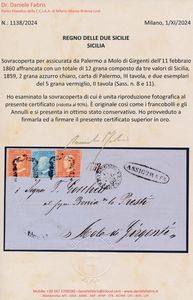 1860 - Sovracoperta per assicurata da Palermo a Molo di Girgenti dell11 febbraio affrancata con, 1859, 2 grana azzurro chiaro, carta di Palermo, III tavola, e due esemplari del 5 grana vermiglio, II  tavola (Sass. 8 e 11).  - Asta Filatelia e Storia Postale - Associazione Nazionale - Case d'Asta italiane